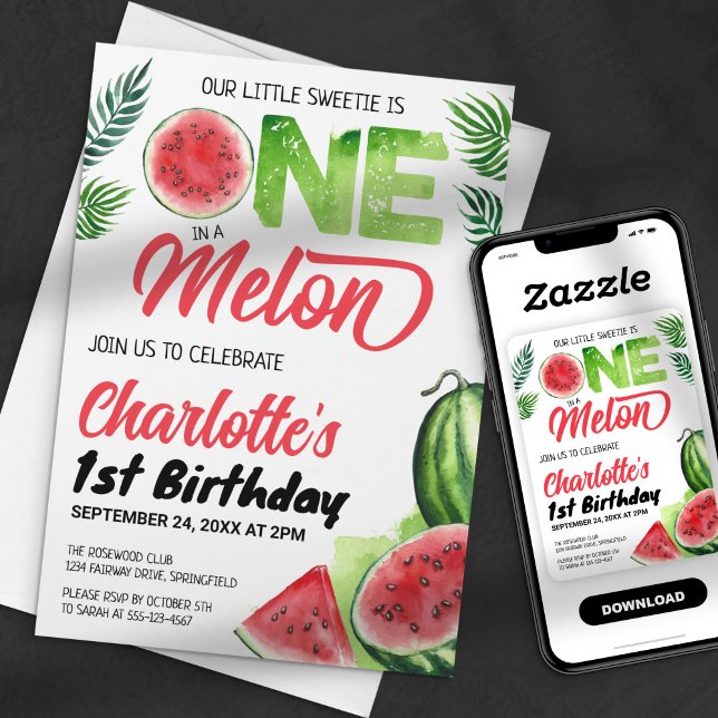 En i en melon Vattenmelon Vattenfärg 1-årsdag Inbjudningar (Skapare uppladdad)
