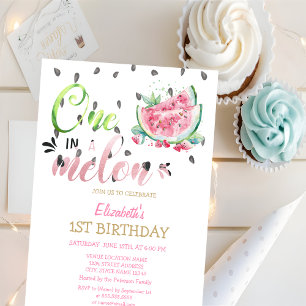 En I En Melon Vattenmeloner Rosa 1-års Födelsedag Inbjudningar