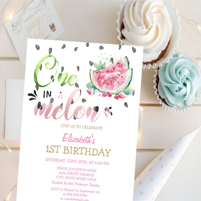 En I En Melon Vattenmeloner Rosa 1-års Födelsedag Inbjudningar (Skapare uppladdad)