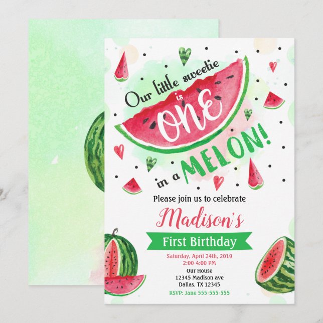 En i en Meloninbjudan, Watermelon 1:a födelsedagen Inbjudningar (Fram/baksida)