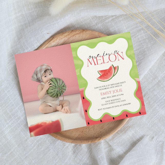 En i ett MELON | Rosa Grönt Foto 1:a födelsedag Inbjudningar (one in a melon 1st birthday invitation with photo)