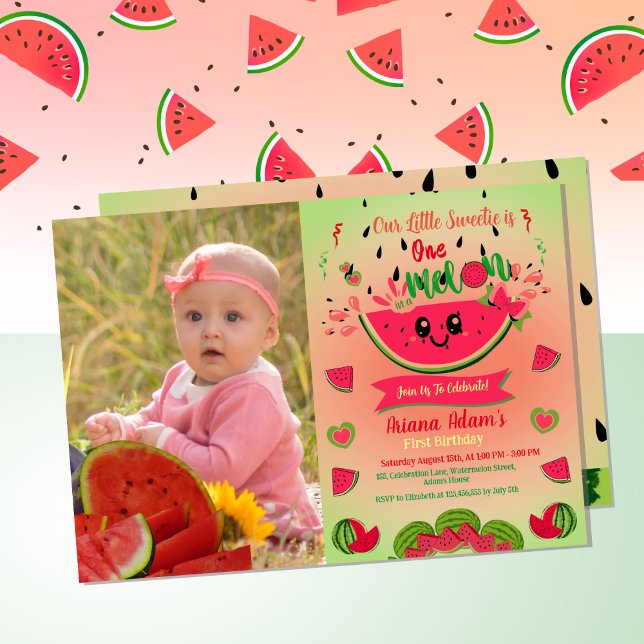 En i ett Melon Watermelon första födelsedagsfoto Inbjudan (Skapare uppladdad)
