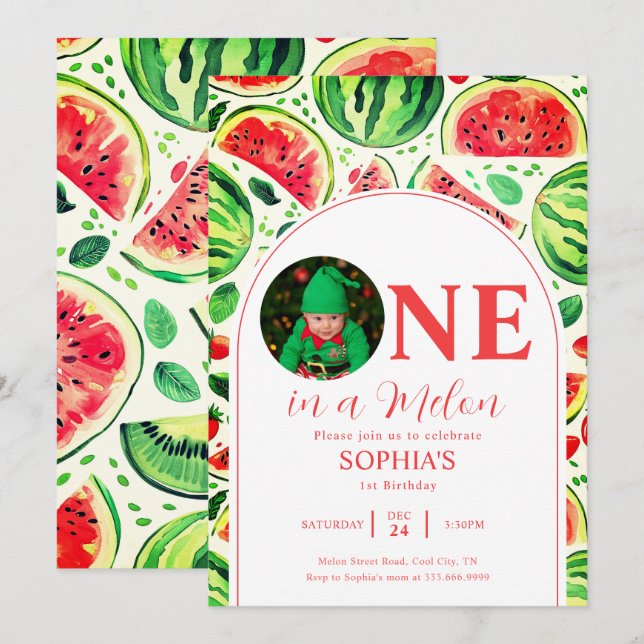 En i ett melonfoto första födelsedag inbjudningar (Fram/baksida)