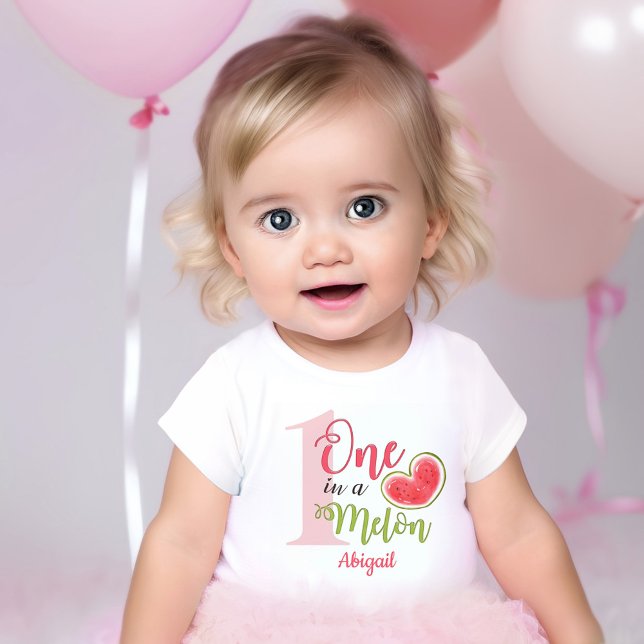 En i Melon 1:a födelsedagstjejen T Shirt (1st Birthday bodysuit one in a melon, with pink watermelon in heart shape for girls)