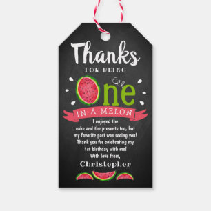 En i Melon Chalkboard 1:a Birthday Tack Presentetikett