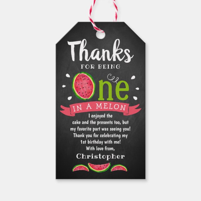 En i Melon Chalkboard 1:a Birthday Tack Presentetikett (Framsidan)