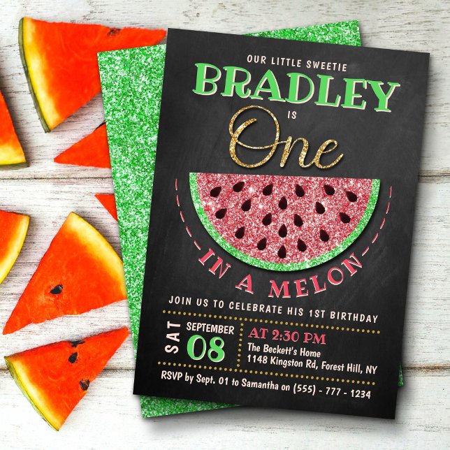 En i Melon Chalkboard 1:a födelsedagen Inbjudningar (Skapare uppladdad)