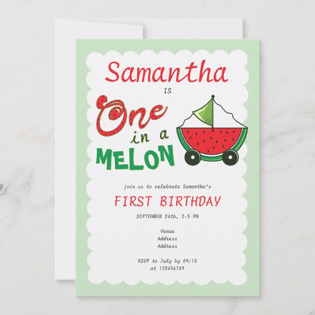 En i Melon Cute Leksak Mint 1:a födelsedagen Inbjudningar (Framsida)