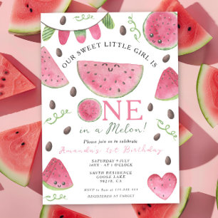 En i Melon Cute Watermelon Girl Första födelsedage Inbjudningar
