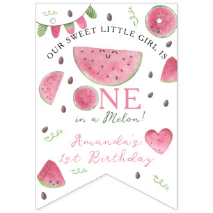 En i Melon Cute Watermelon Girl Första födelsedage Vimplar