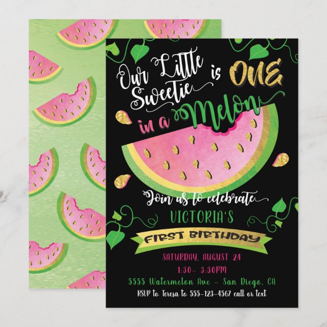 En i Melon första Födelsedagsfest inbjudan (Fram/baksida)