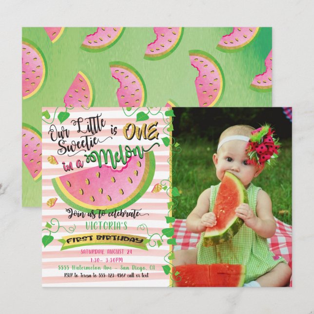 En i Melon första Födelsedagsfesten med Photo Inbjudningar (Fram/baksida)