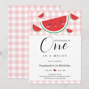 En i Melon Gingham Sommar 1:a födelsedagen Party Inbjudningar