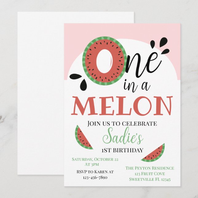 En i Melon Girls första födelsedag Inbjudningar (Fram/baksida)