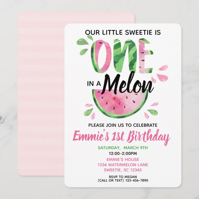 En i Melon Little Girl Första Birthday Inbjudan (Fram/baksida)