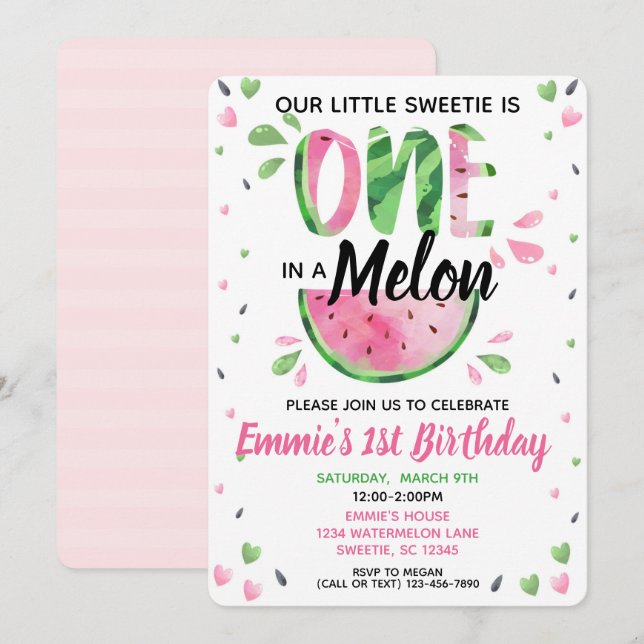 En i Melon Little Girl Första Birthday Inbjudan (Fram/baksida)