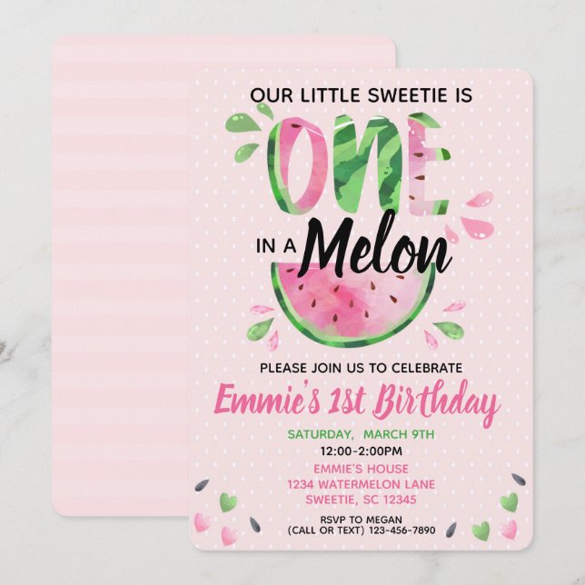 En i Melon Little Girl Första Birthday Inbjudan (Fram/baksida)