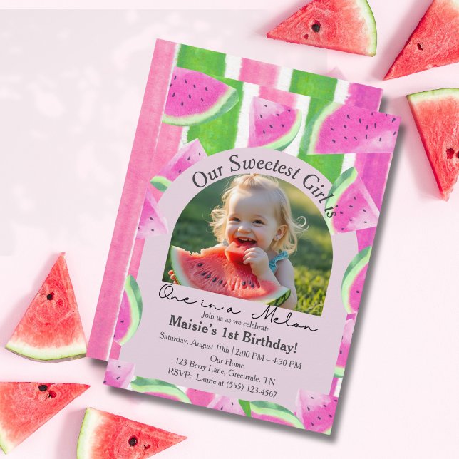 En i Melon Photo Rosa Watermelon Birthday Inbjudningar (One in a Melon Photo Pink Watermelon Birthday Invitation)