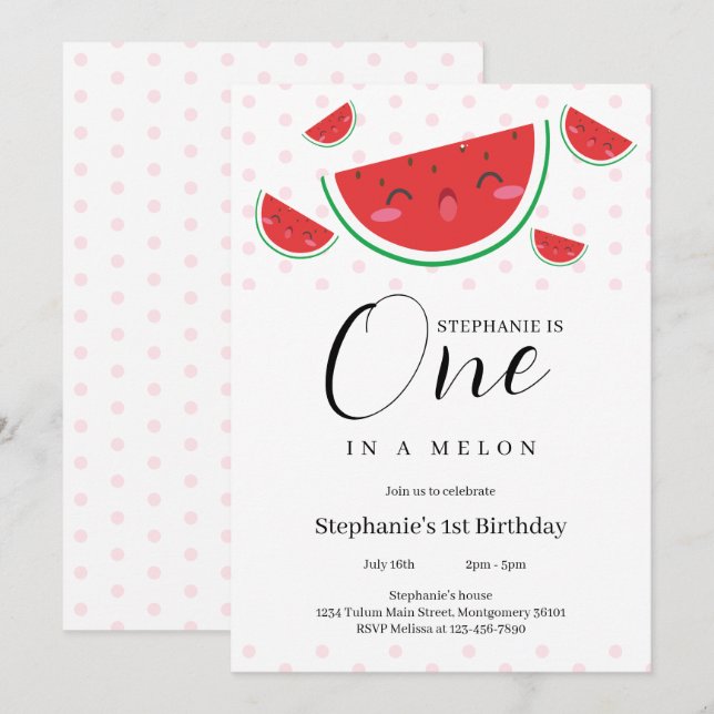 En i Melon Rosa Polka Dot 1st Birthday Party Inbjudningar (Fram/baksida)