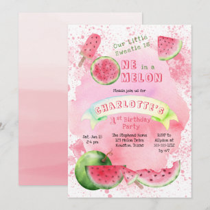 En i Melon Rosa Watermelon 1:a födelsedagen Party Inbjudningar