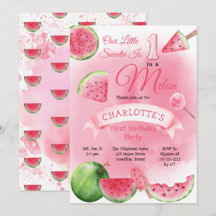 En i Melon Rosa Watermelon 1:a födelsedagen Party Inbjudningar