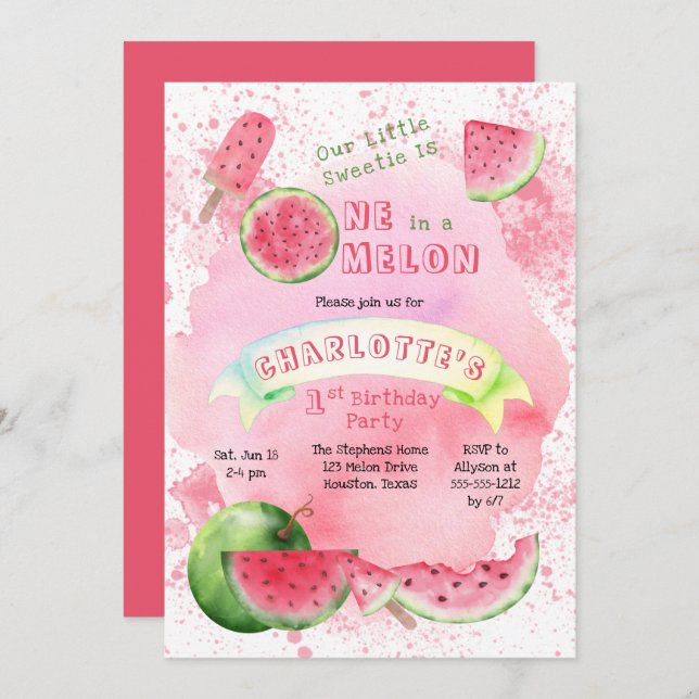 En i Melon Rosa Watermelon 1:a födelsedagen Party Inbjudningar (Fram/baksida)