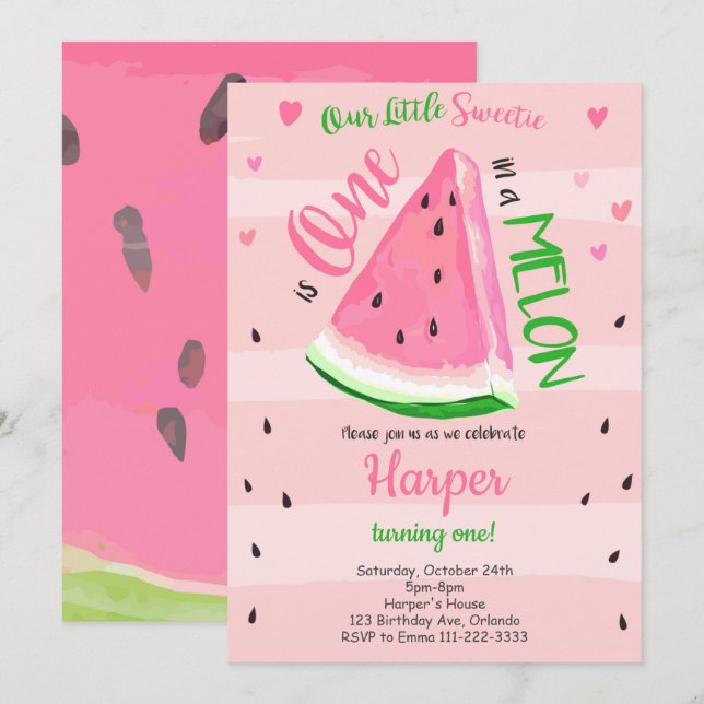 En i Melon Rosa Watermelon Birthday Inbjudan (Fram/baksida)