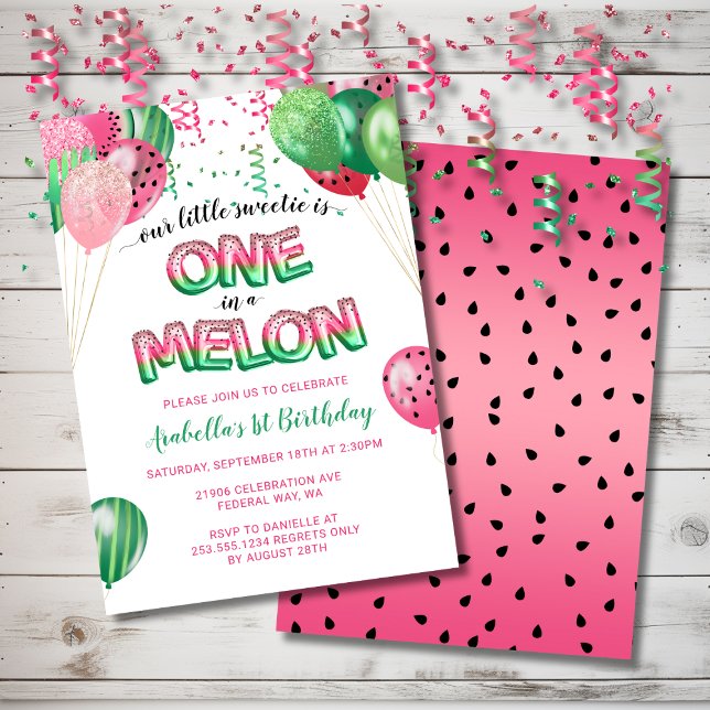 En i Melon Thenzon 1:a födelsedagsballongen Inbjudningar (One in a Melon Themed 1st Birthday Balloon Invitation)