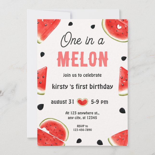 En i Melon Watercolor Första födelsedagen Inbjudningar (Framsida)