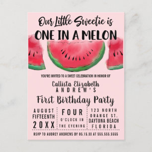 En i Melon Watercolor Watermelon 1:a födelsedagen Inbjudan Vykort