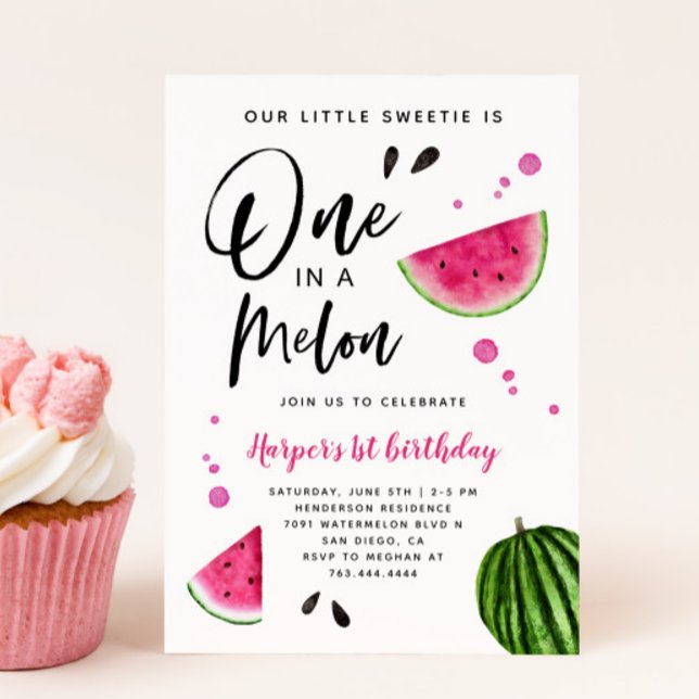 En i Melon Watermelon 1:a födelsedag Party Invit Inbjudningar (Skapare uppladdad)