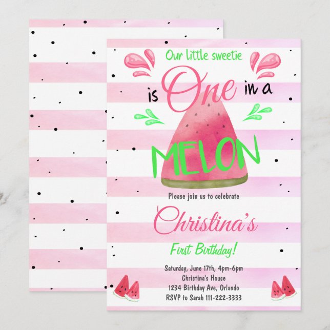 En i Melon Watermelon 1:a födelsedagsinbjudan Inbjudningar (Fram/baksida)