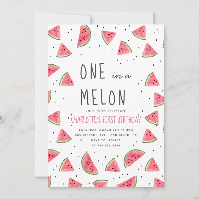En i Melon Watermelon Första Födelsedagsfesten Inbjudningar (Framsida)
