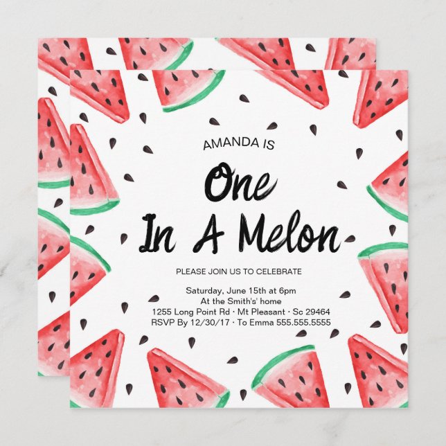 En i Melon Watermelon Girl 1st Birthday Inbjudningar (Fram/baksida)