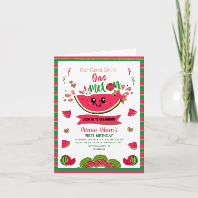 En i Melon Watermelon Girl Första födelsedagen Inbjudan (Framsida)