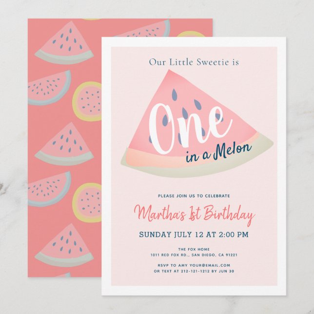 En i Melon Watermelon Rosa 1:a födelsedagen Inbjudningar (Fram/baksida)