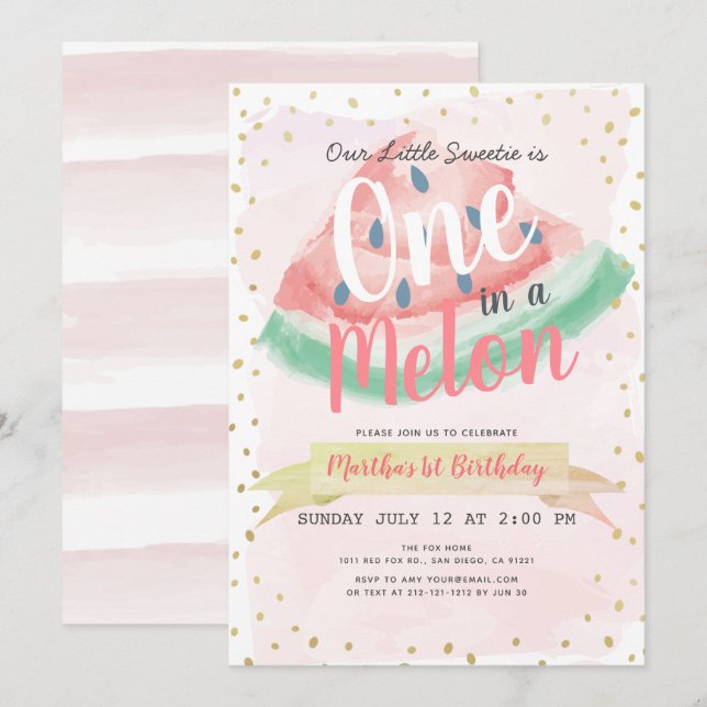 En i Melon Watermelon Rosa Girl 1 Birthday Inbjudningar (Fram/baksida)