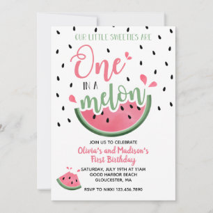 En i Melon Watermelon Twin First Birthday Inbjudningar