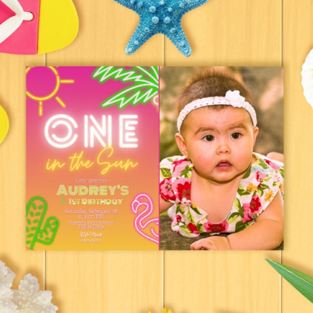 En i Sol - 1:a födelsedagen Inbjudningar (One in the Sun - 1st Birthday Invitation with Photo Picture Landscape)