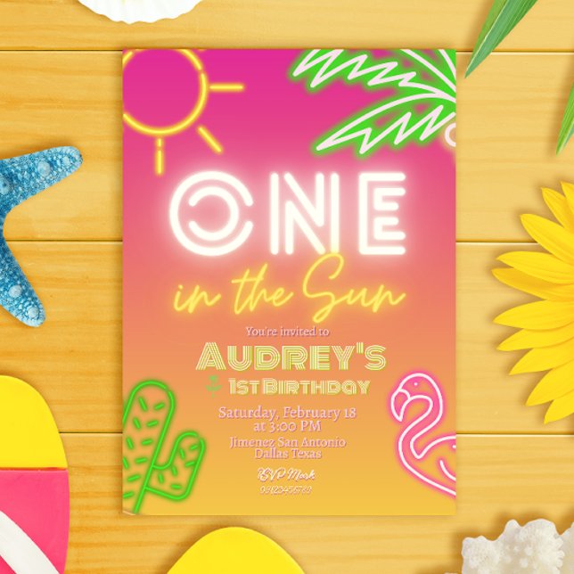 En i Sol - flicka 1:a födelsedagen Inbjudningar (One in the Sun - Girl 1st Birthday Pink Invitation - Pool Party)