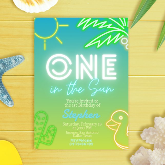 En i Sol - pojke 1:a födelsedagen Inbjudningar (One in the Sun - Boy 1st Birthday Invitation - Pool Party)