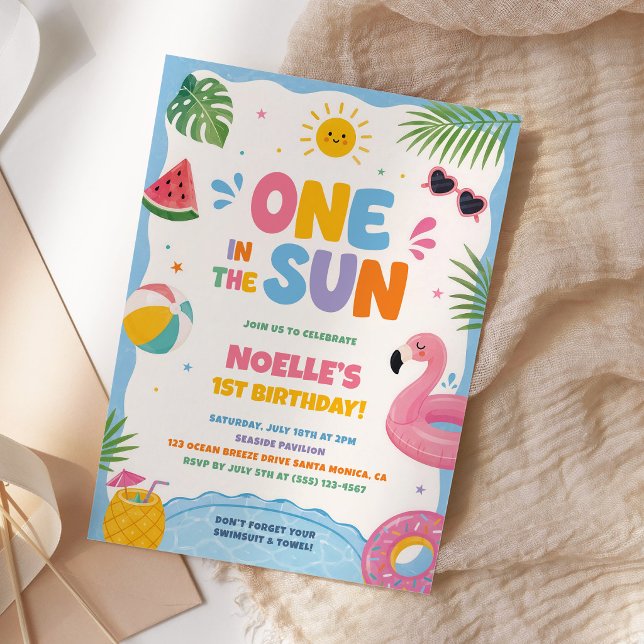 En i solens lekfulla poolparty 1-årsfest inbjudningar (Skapare uppladdad)