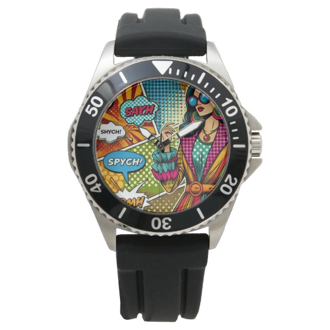 En illustration av trendiget i retro pop art stil armbandsur (Framsida)