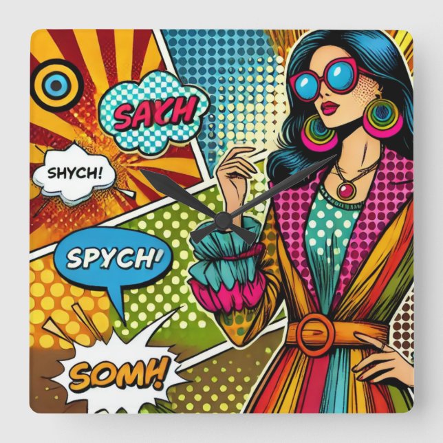 En illustration av trendiget i retro pop art stil fyrkantig klocka (Framsida)