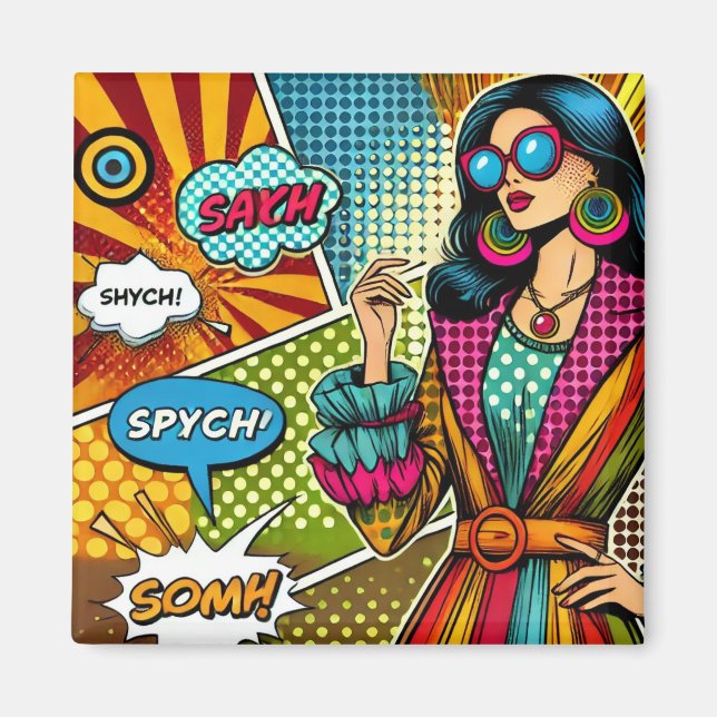 En illustration av trendiget i retro pop art stil magnet (Framsidan)