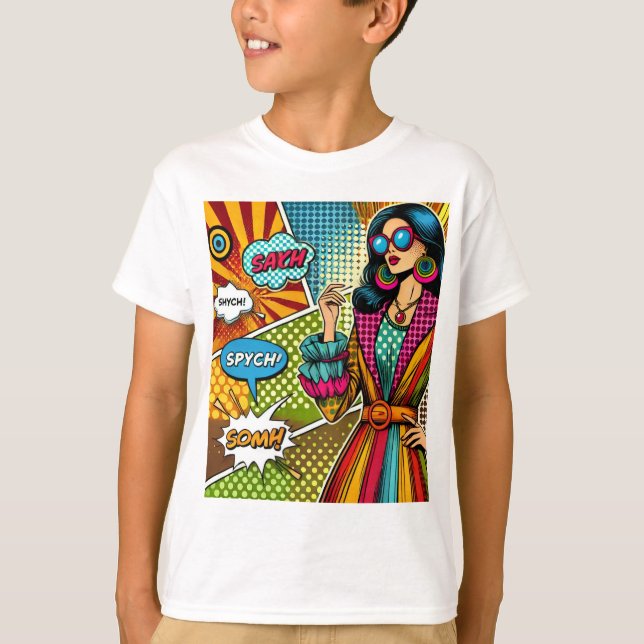 En illustration av trendiget i retro pop art stil t shirt (Framsida)