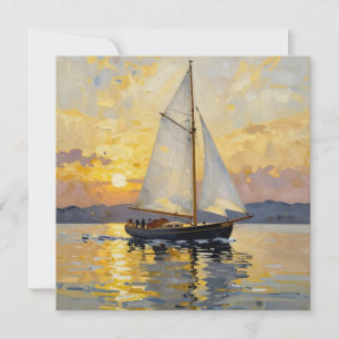 En impasto-illustration av en segelbåt vid solnedg