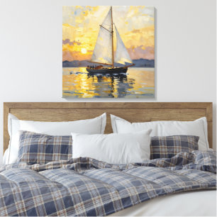 En impasto-illustration av en segelbåt vid solnedg canvastryck