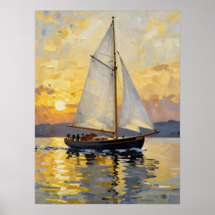 En impasto-illustration av en segelbåt vid solnedg poster