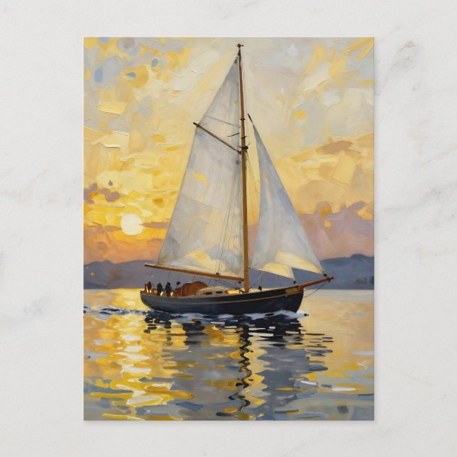 En impasto-illustration av en segelbåt vid solnedg vykort (Framsida)